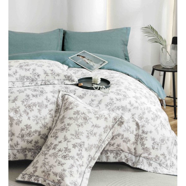 Lenjerie pat dublu, FINET DeLuxe, 6 piese, cu ELASTIC, Jojo Home, Cutie Eleganta, Alb, Bleu, Flori [1]