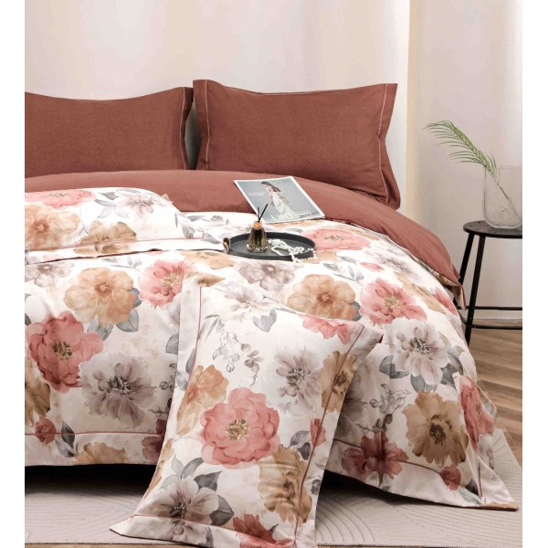 Lenjerie pat dublu, FINET DeLuxe, 6 piese, cu ELASTIC, Jojo Home, Cutie Eleganta, Alb, Maroniu, Flori [1]