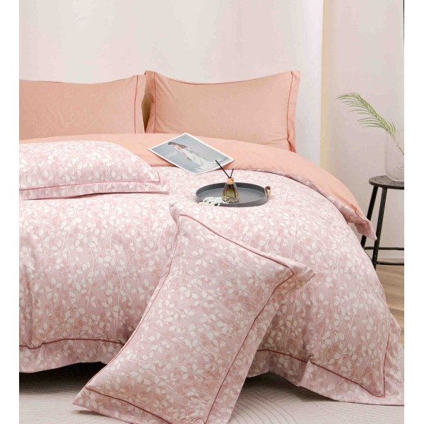 Lenjerie pat dublu, FINET DeLuxe, 6 piese, cu ELASTIC, Jojo Home, Cutie Eleganta, Roz, Frunzulite [1]