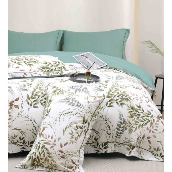 Lenjerie pat dublu, FINET DeLuxe, 6 piese, cu ELASTIC, Jojo Home, Cutie Eleganta, Alb, Verde, Menta, Frunze [1]