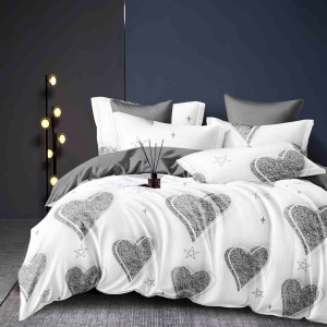 Lenjerie pat dublu,  FINET, 6 piese, Jojo Home, Alb, Gri, inimioare