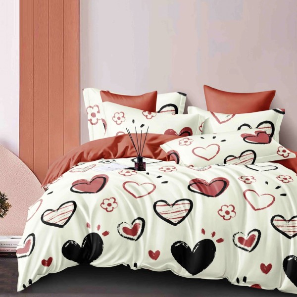 Lenjerie pat dublu,  FINET, 6 piese, Jojo Home, Crem, inimioare [1]