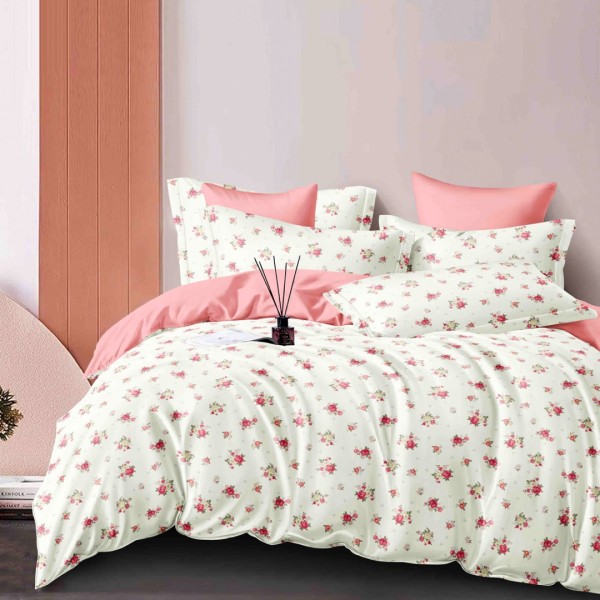 Lenjerie pat dublu,  FINET, 6 piese, Jojo Home, Crem, Roz, Floricele [1]