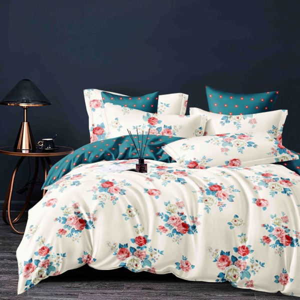 Lenjerie pat dublu,  FINET, 6 piese, Jojo Home, Crem, Turquoise, Floricele [1]