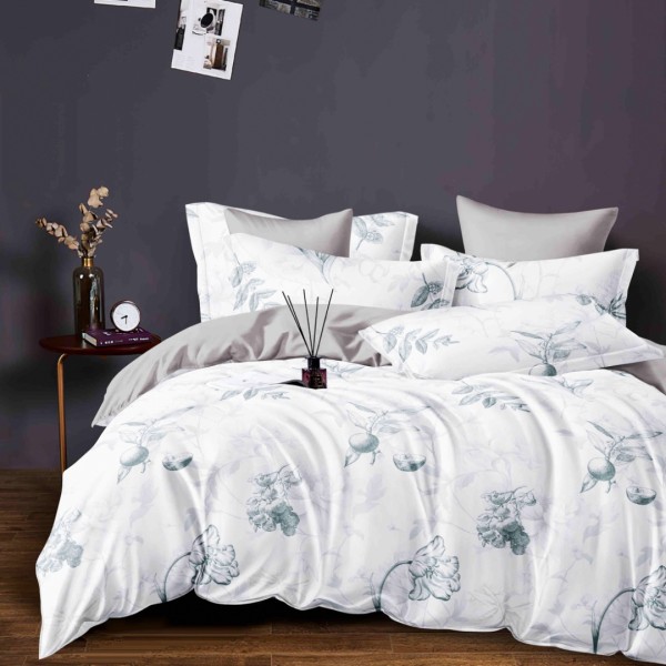 Lenjerie pat dublu, FINET, 6 piese, cu ELASTIC, Jojo Home, Alb, Bleu, Gri, Flori [1]
