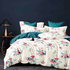 Lenjerie pat dublu, FINET, 6 piese, cu ELASTIC, Jojo Home, Crem, Turquoise, Flori Lenjerie pat dublu, FINET, 6 piese, cu ELASTIC, Jojo Home, Crem, Turquoise, Flori