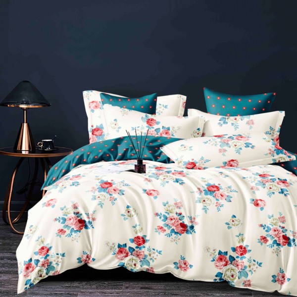 Lenjerie pat dublu, FINET, 6 piese, cu ELASTIC, Jojo Home, Crem, Turquoise, Flori [1]