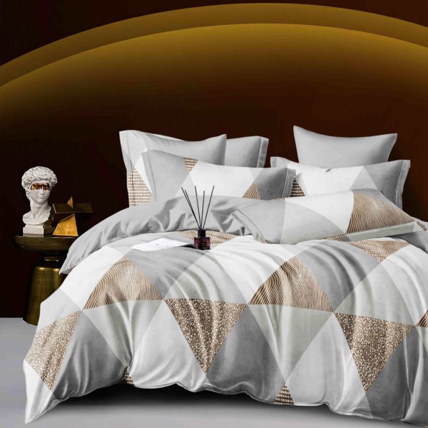 Lenjerie pat dublu, FINET, 6 piese, cu ELASTIC, Jojo Home, Gri, Animal Print, Triunghiuri [1]