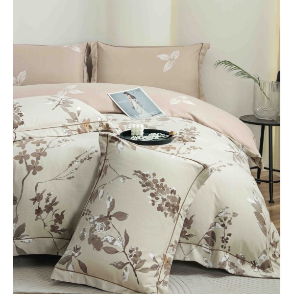 Lenjerie pat dublu, FINET DeLuxe, 6 piese, cu ELASTIC, Jojo Home, Cutie Eleganta, Bej, Flori [1]