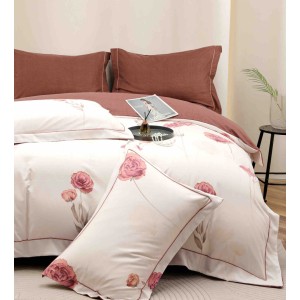 Lenjerie pat dublu, FINET DeLuxe, 6 piese, cu ELASTIC, Jojo Home, Cutie Eleganta, Roz, Maroniu, Flori