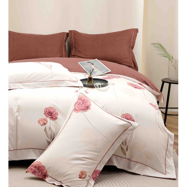 Lenjerie pat dublu, FINET DeLuxe, 6 piese, cu ELASTIC, Jojo Home, Cutie Eleganta, Roz, Maroniu, Flori [1]