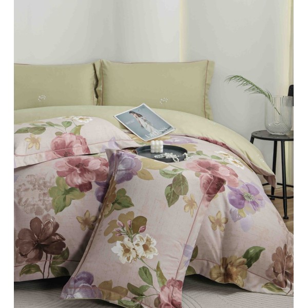 Lenjerie pat dublu, FINET DeLuxe, 6 piese, cu ELASTIC, Jojo Home, Cutie Eleganta, Lila, Verde, Flori [1]