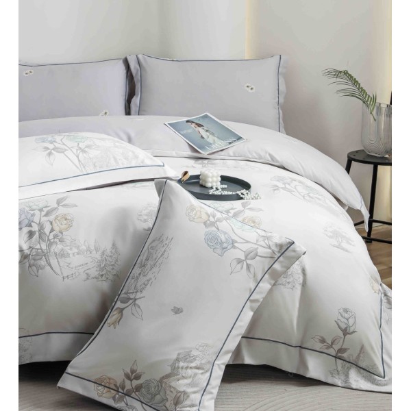 Lenjerie pat dublu, FINET DeLuxe, 6 piese, cu ELASTIC, Jojo Home, Cutie Eleganta, Gri, Flori [1]