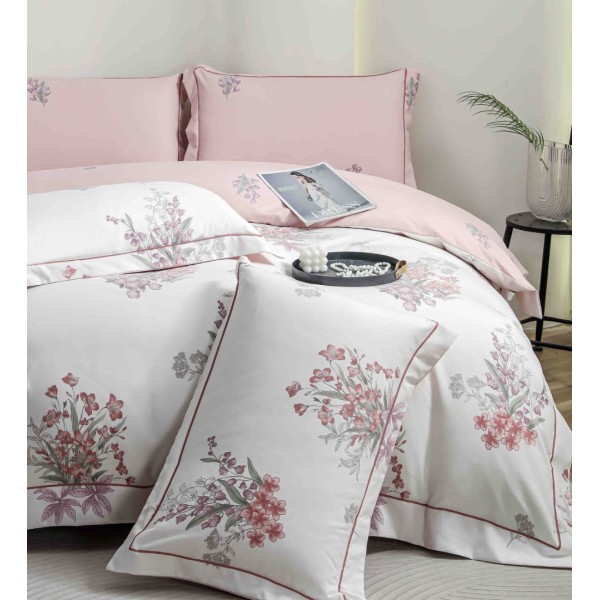 Lenjerie pat dublu, FINET DeLuxe, 6 piese, cu ELASTIC, Jojo Home, Cutie Eleganta, Roz, Flori [1]