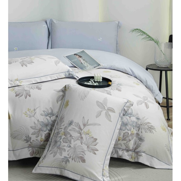 Lenjerie pat dublu, FINET DeLuxe, 6 piese, cu ELASTIC, Jojo Home, Cutie Eleganta, Bleu, Flori [1]