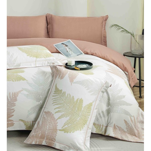 Lenjerie pat dublu, FINET DeLuxe, 6 piese, cu ELASTIC, Jojo Home, Cutie Eleganta, Alb, Bej, Ferigi [1]