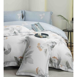 Lenjerie pat dublu, FINET DeLuxe, 6 piese, cu ELASTIC, Jojo Home, Cutie Eleganta, Gri, Bleu, Flori, Frunze