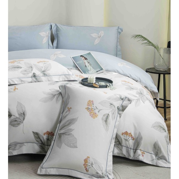 Lenjerie pat dublu, FINET DeLuxe, 6 piese, cu ELASTIC, Jojo Home, Cutie Eleganta, Gri, Bleu, Flori, Frunze [1]