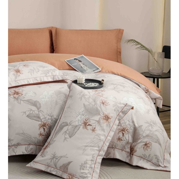 Lenjerie pat dublu, FINET DeLuxe, 6 piese, cu ELASTIC, Jojo Home, Cutie Eleganta, Bej, Portocaliu,Flori [1]