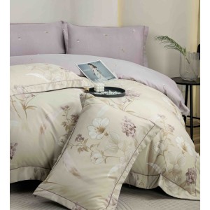 Lenjerie pat dublu, FINET DeLuxe, 6 piese, cu ELASTIC, Jojo Home, Cutie Eleganta, Bej, Lila, Flori