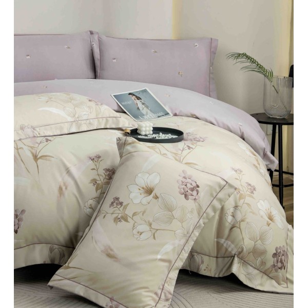 Lenjerie pat dublu, FINET DeLuxe, 6 piese, cu ELASTIC, Jojo Home, Cutie Eleganta, Bej, Lila, Flori [1]