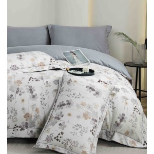 Lenjerie pat dublu, FINET DeLuxe, 6 piese, cu ELASTIC, Jojo Home, Cutie Eleganta, Gri, Flori