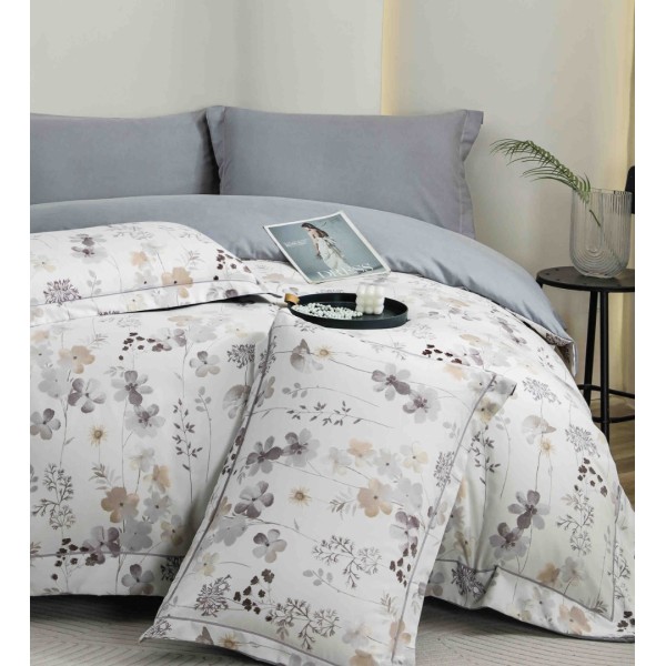 Lenjerie pat dublu, FINET DeLuxe, 6 piese, cu ELASTIC, Jojo Home, Cutie Eleganta, Gri, Flori [1]