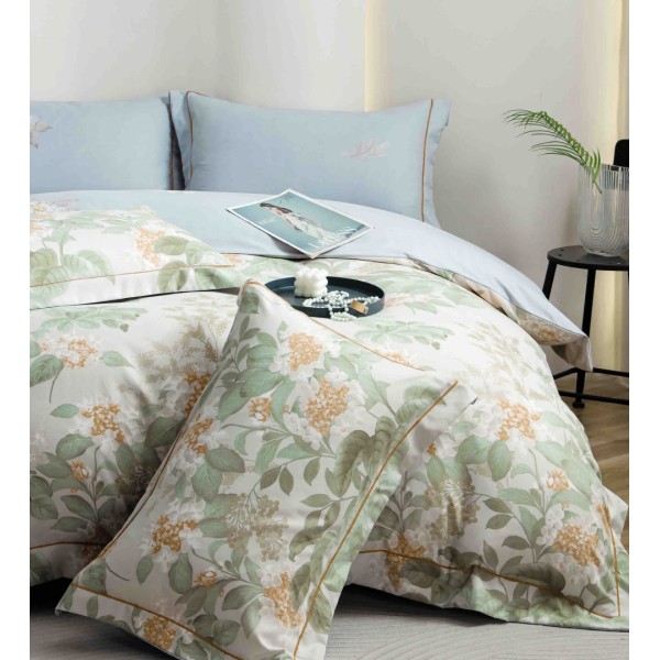 Lenjerie pat dublu, FINET DeLuxe, 6 piese, cu ELASTIC, Jojo Home, Cutie Eleganta, Verde, Bleu, Flori [1]