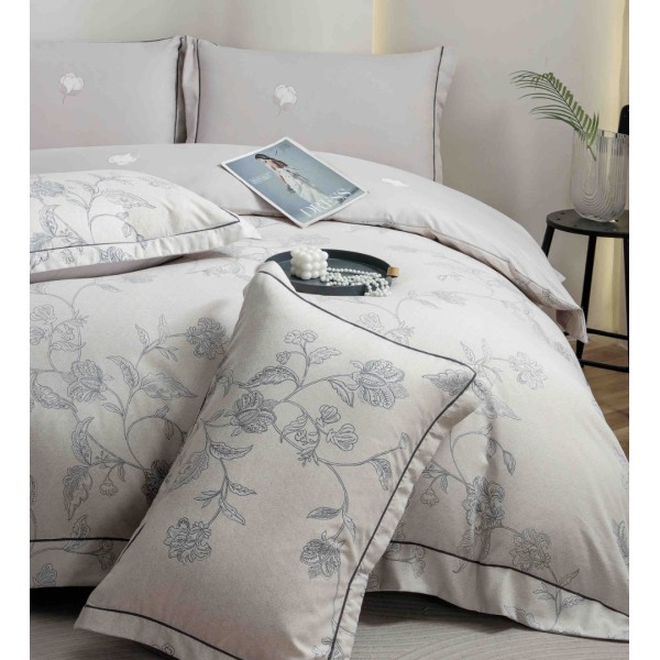 Lenjerie pat dublu, FINET DeLuxe, 6 piese, cu ELASTIC, Jojo Home, Cutie Eleganta, Grej, Bleu, Flori [1]