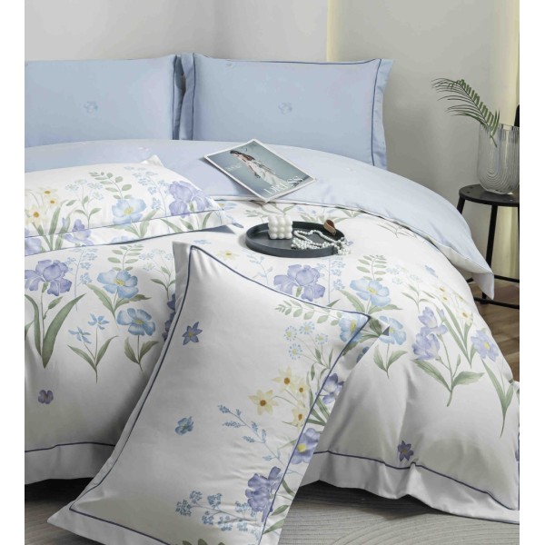 Lenjerie pat dublu, FINET DeLuxe, 6 piese, cu ELASTIC, Jojo Home, Cutie Eleganta, Alb, Bleu, Flori [1]