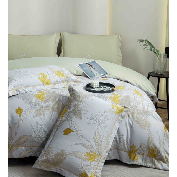 Lenjerie pat dublu, FINET DeLuxe, 6 piese, cu ELASTIC, Jojo Home, Cutie Eleganta, Alb, Vernil, Flori [1]