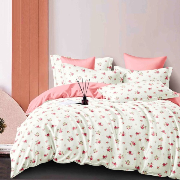 Lenjerie pat dublu, FINET, 6 piese, cu ELASTIC, Jojo Home, Crem, Roz, Floricele [1]