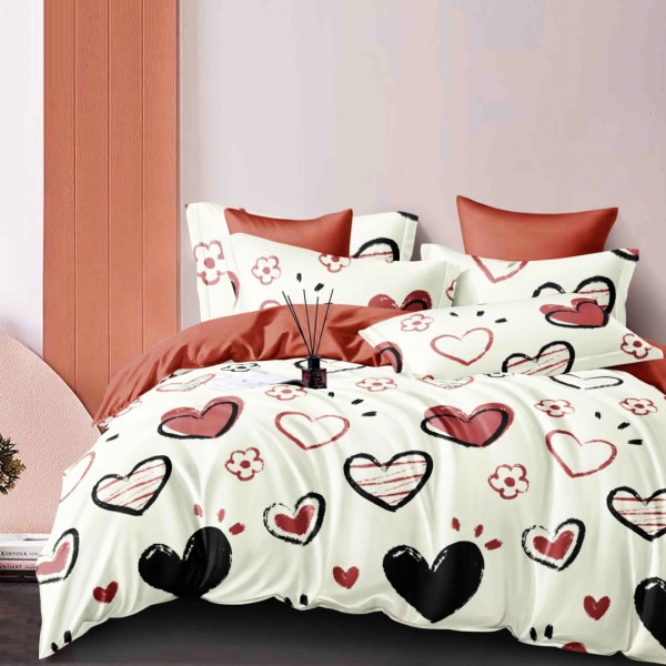 Lenjerie pat dublu, FINET, 6 piese, cu ELASTIC, Jojo Home, Crem, Inimioare [1]