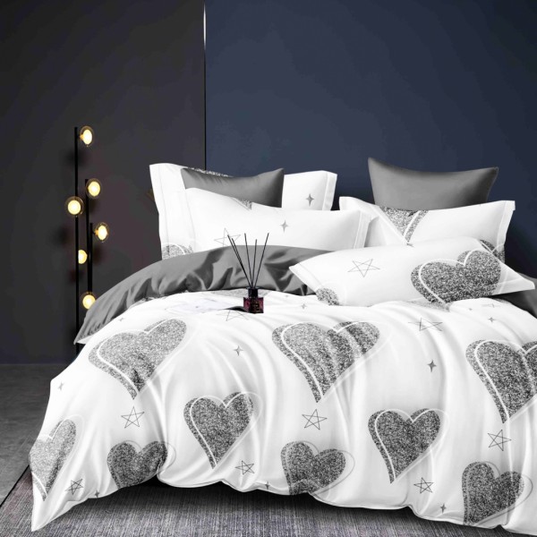 Lenjerie pat dublu, FINET, 6 piese, cu ELASTIC, Jojo Home, Alb, Gri, Inimioare [1]