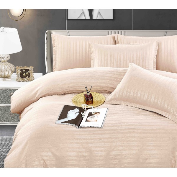 Lenjerie HoReCa, pat dublu, Damasc Finetat Deluxe cu Elastic, 6 piese, Jojo Home, Bej [1]
