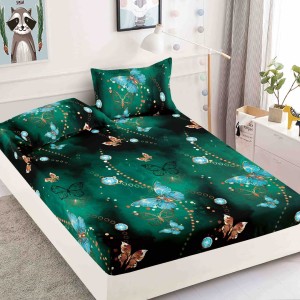 Cearsaf cu elastic, Bumbac FINET, 90x200cm, 2 fete de perne 50x70cm, Jojo Home, Verde, Fluturi