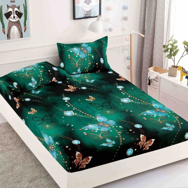 Cearsaf cu elastic, Bumbac FINET, 90x200cm, 2 fete de perne 50x70cm, Jojo Home, Verde, Fluturi [1]