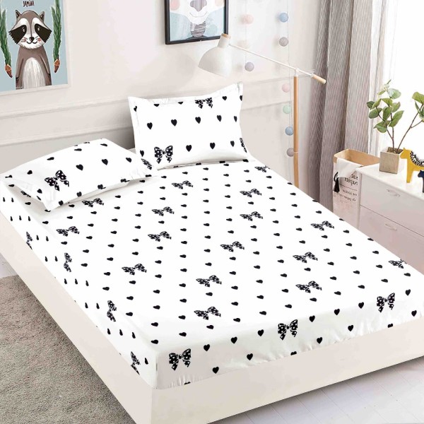 Cearsaf cu elastic, Bumbac FINET, 90x200cm, 2 fete de perne 50x70cm, Jojo Home, Alb, Fundite si Buline Negre [1]