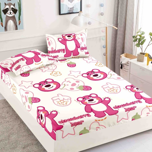 Cearsaf cu elastic, Bumbac FINET, 90x200cm, 2 fete de perne 50x70cm, Jojo Home, Crem, Roz, Ursuleti [1]