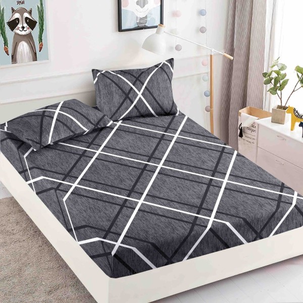 Cearsaf cu elastic, Bumbac FINET, 90x200cm, 2 fete de perne 50x70cm, Jojo Home, Gri, Dungi [1]