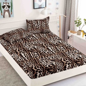 Cearsaf cu elastic, Bumbac FINET, 90x200cm, 2 fete de perne 50x70cm, Jojo Home, Maro, Animal Print