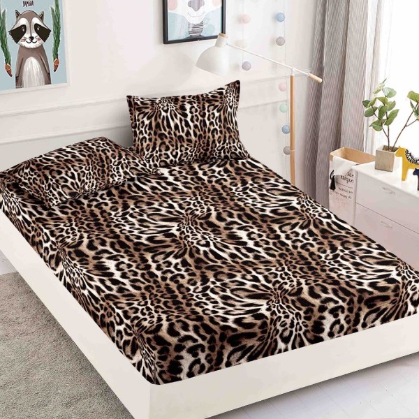 Cearsaf cu elastic, Bumbac FINET, 90x200cm, 2 fete de perne 50x70cm, Jojo Home, Maro, Animal Print [1]