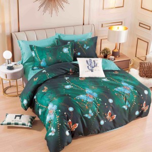 Lenjerie pat 1 PERSOANA,  FINET, 4 piese, Jojo Home, Verde, Fluturi