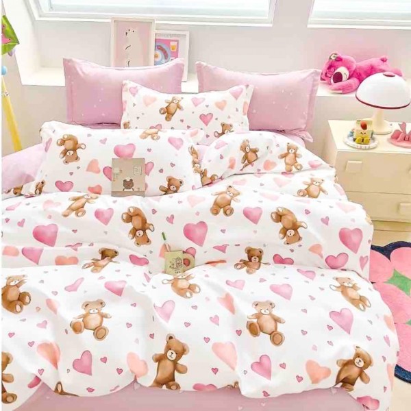 Lenjerie pat 1 PERSOANA,  FINET, 4 piese, Jojo Home, Crem, Roz, Ursuleți, Inimioare [1]