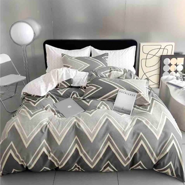 Lenjerie pat 1 PERSOANA,  FINET, 4 piese, Jojo Home, Gri, Zig-Zag [1]