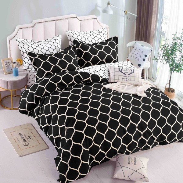Lenjerie pat dublu,  FINET, 6 piese, Jojo Home, Negru, Alb, model elegant [1]