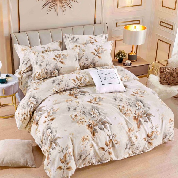 Lenjerie pat dublu,  FINET, 6 piese, Jojo Home, Bej, Flori [1]