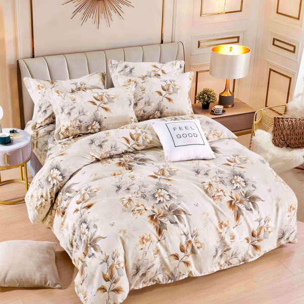 Lenjerie pat dublu, FINET, 6 piese, cu ELASTIC, Jojo Home, Bej, Flori [1]