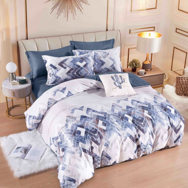 Lenjerie pat 1 PERSOANA,  FINET, 4 piese, Jojo Home, Gri, Albastru, Forme Geometrice [1]