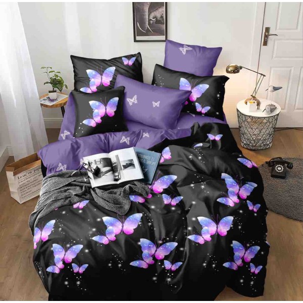 Lenjerie pat 1 PERSOANA,  FINET, 4 piese, Jojo Home, Negru, Mov, Fluturi [1]